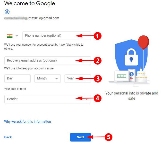 Add Phone, Email and DOB in Gmail Account