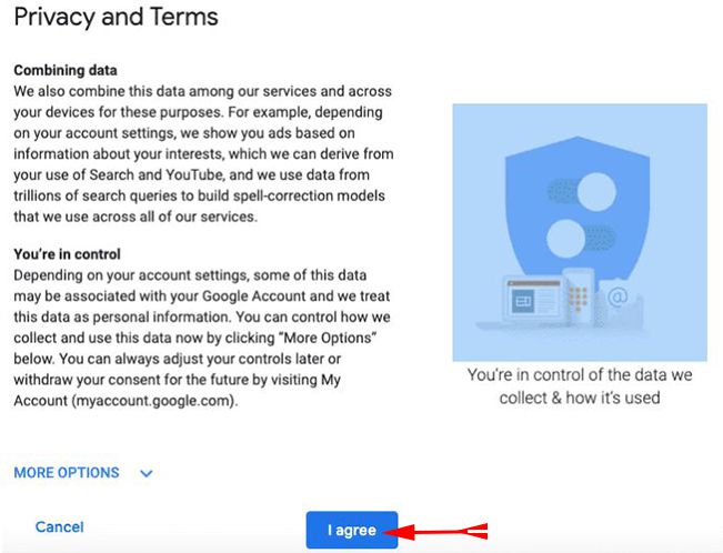 Agree Gmail with Privacy and Terms