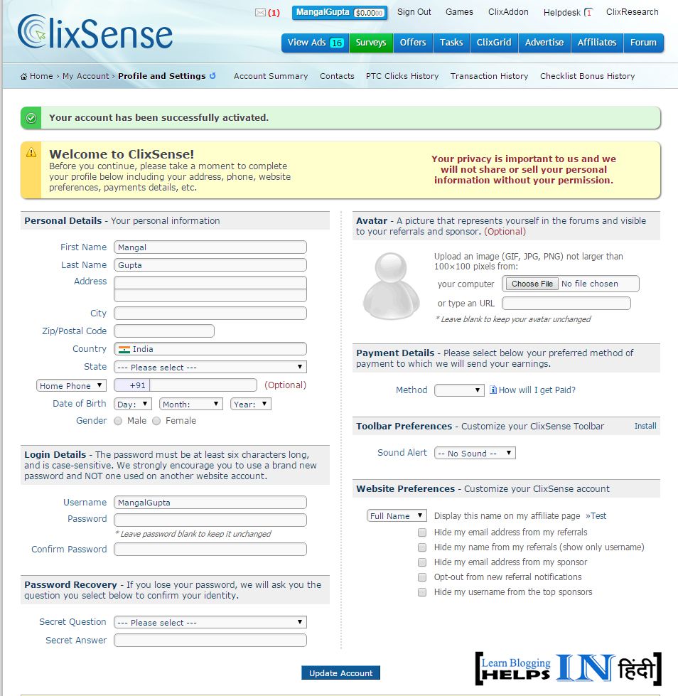 Update Clixsense Details