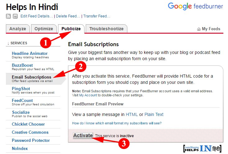 Click On Activate For Enable Email Subscriptions In Feedburner