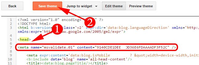 Paste Bing Verification code on your blogger blog