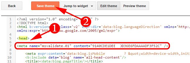Paste Bing Verification code on your blogger blog