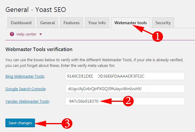 Paste Yandex Verification code on your wordpress blog