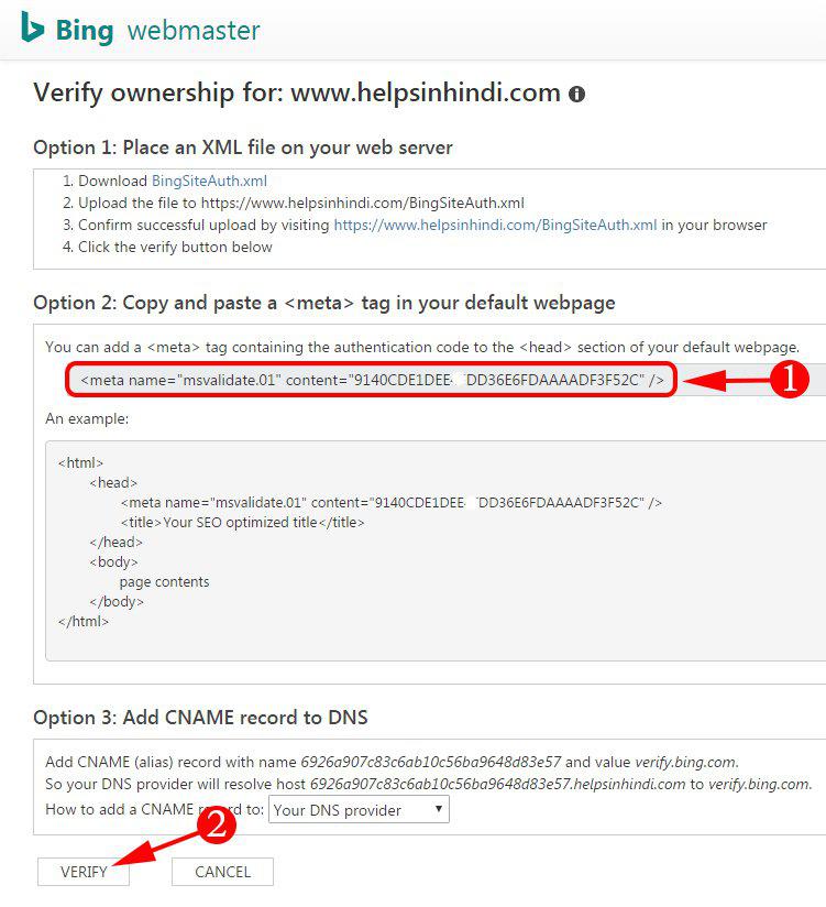 Verify your site to Bing webmaster tool
