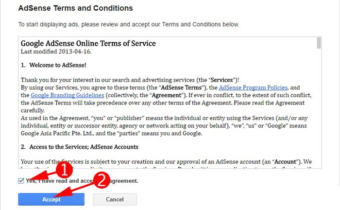 Accept Adsense Terms and Conditions