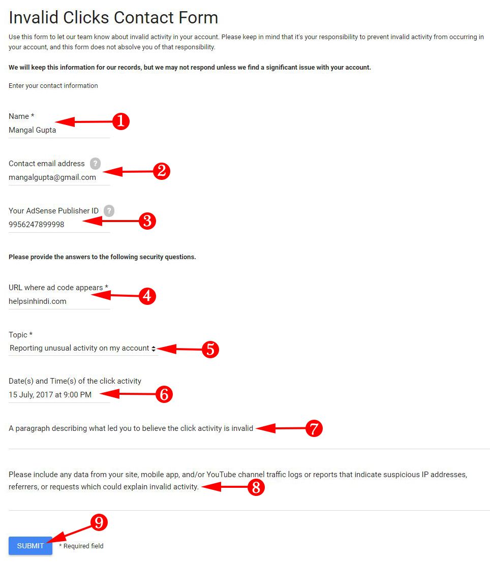 Google Adsense Invalid Click Contact Form