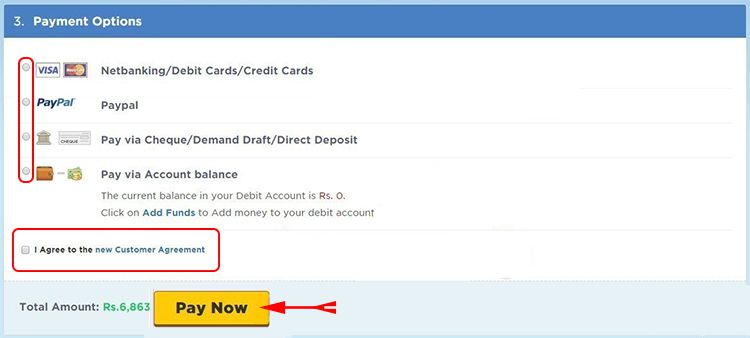 Choose Payment Method to Pay Hostgator India