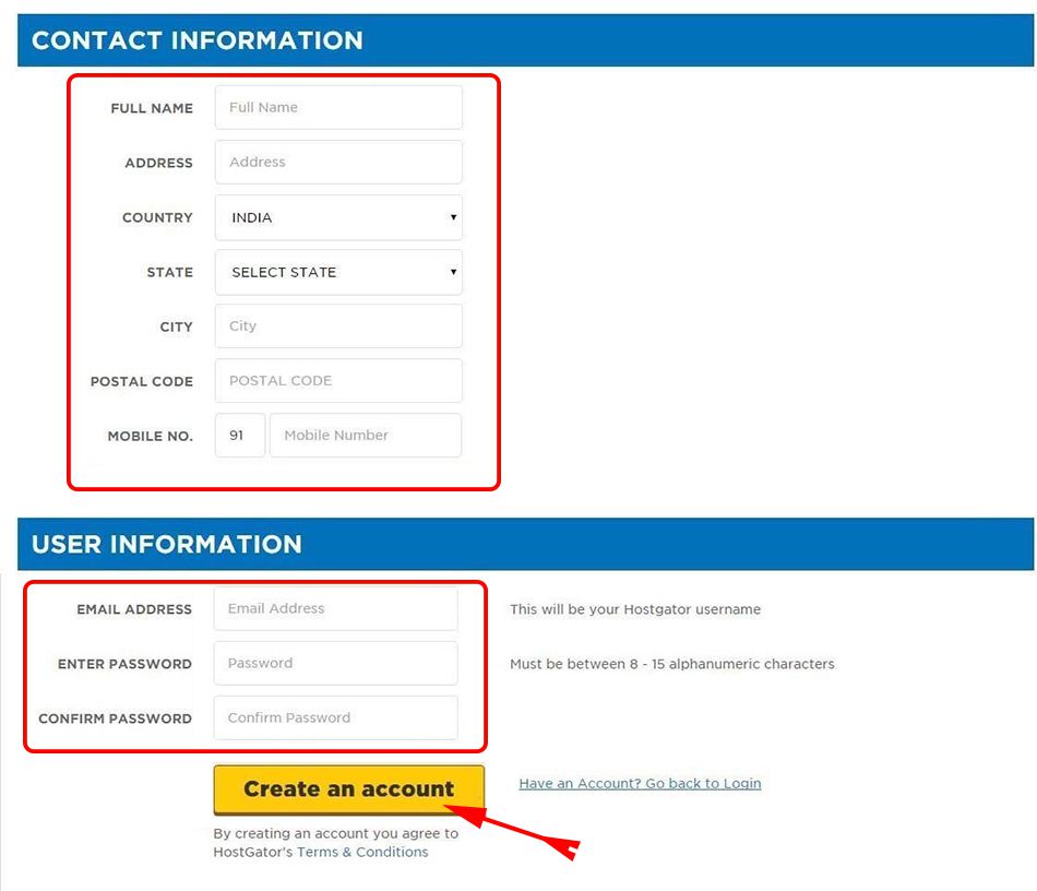 Fill Your Detail to Create an HostGator Account