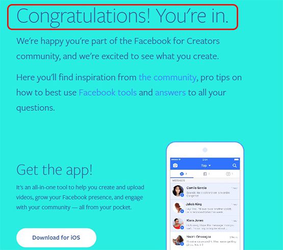 Facebook for creators Registration complete