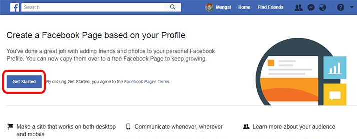 click on get started for Create a facebook profile page