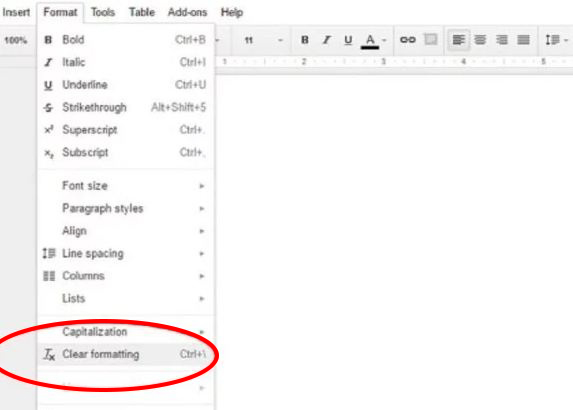 Clear formating feature in google docs