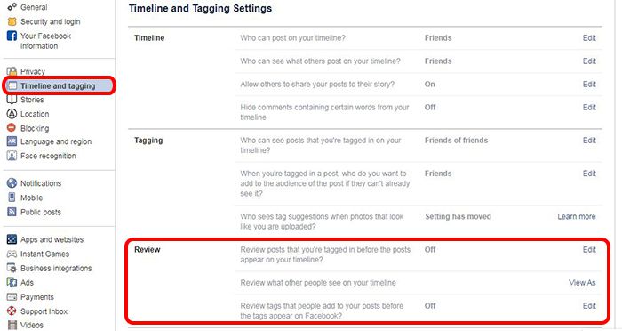 facebook timeline and tagging setting