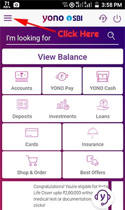 SBI Yono Menu Option