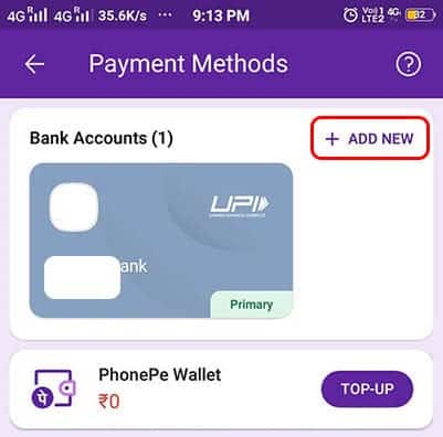 Add New Bank Account Phonepe
