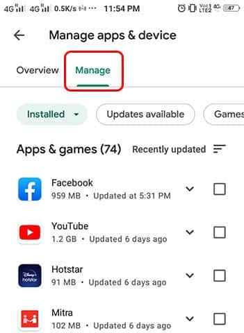 google play store manage section