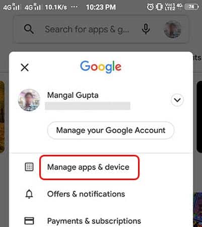 select manage apps and device