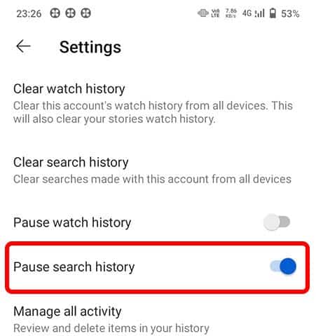 pause youtube search history hindi